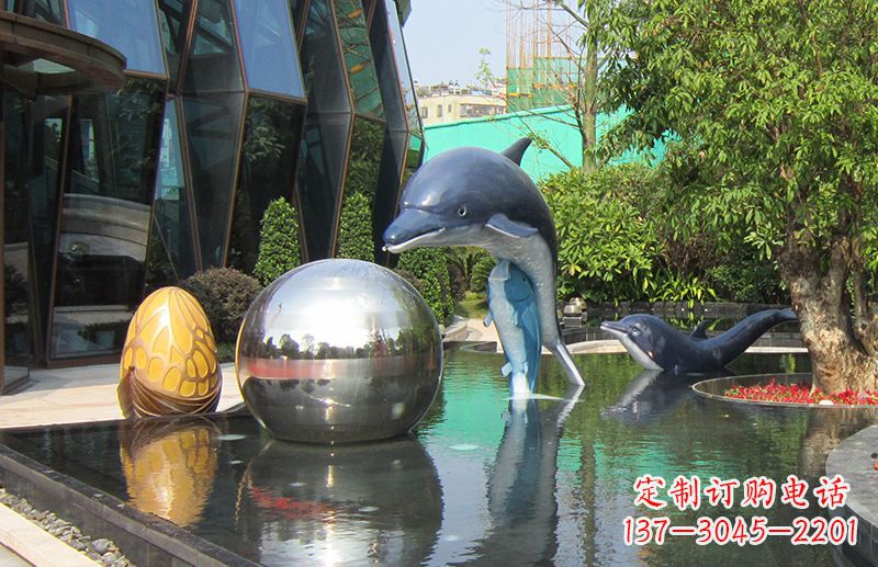 济南不锈钢海豚水景雕塑,企业公园园林创意景观雕塑