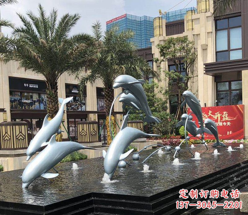 济南不锈钢海豚跳跃喷泉雕塑美丽的艺术装置