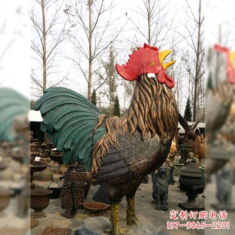 济南彩绘铜雕公鸡生肖动物雕塑