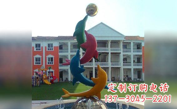 济南彩色不锈钢海豚雕塑海洋动物景观标识