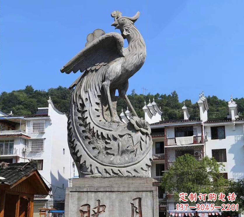 济南城市景点凤凰石雕,青石石刻神兽雕塑