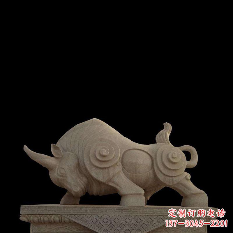 济南抽象牛砂岩雕塑-生肖动物石雕摆件