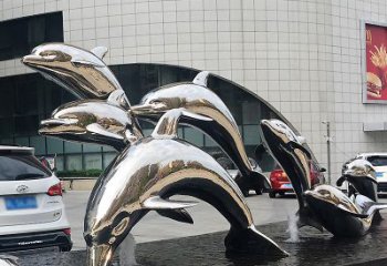 济南海豚雕塑点亮城市商场的不锈钢镜面水景