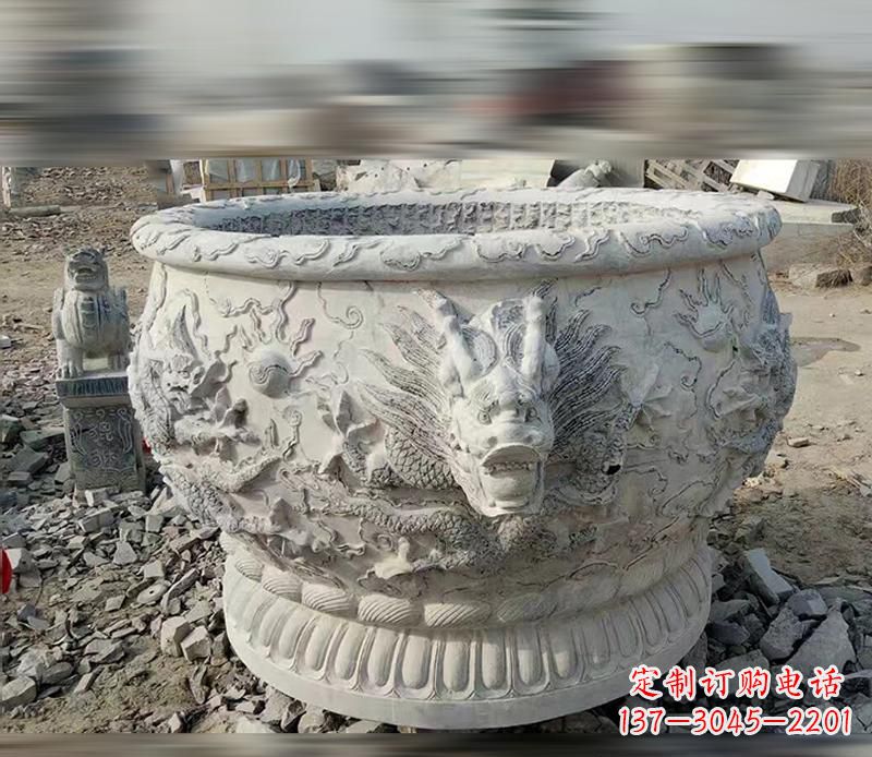 济南大理石龙浮雕水缸