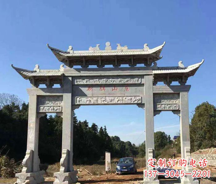 济南大理石三门牌坊石雕 (2)