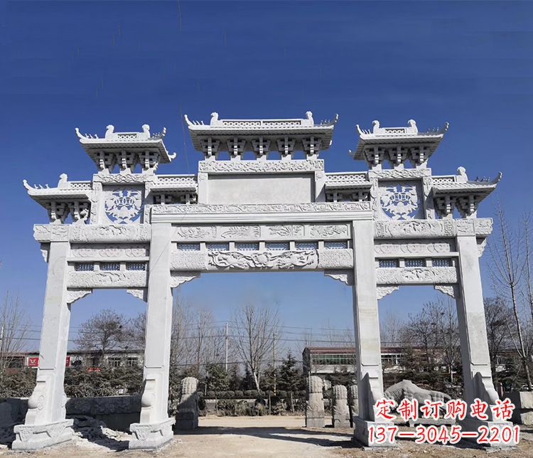 济南大理石三门五楼牌坊石雕