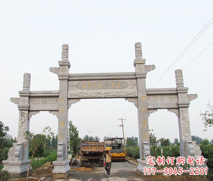 济南大理石三门石牌坊石雕