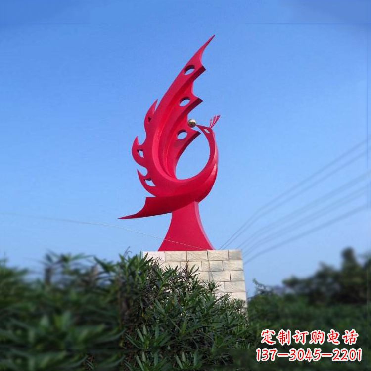 济南大象红色凤凰不锈钢雕塑-城市动物标识景观雕塑