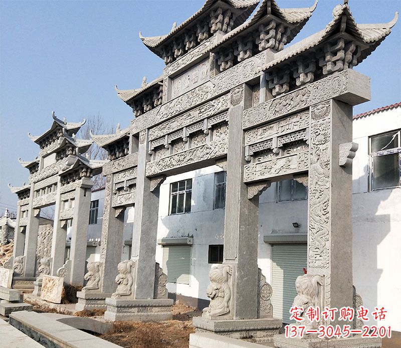 济南大型五门仿古牌坊石雕 (2)