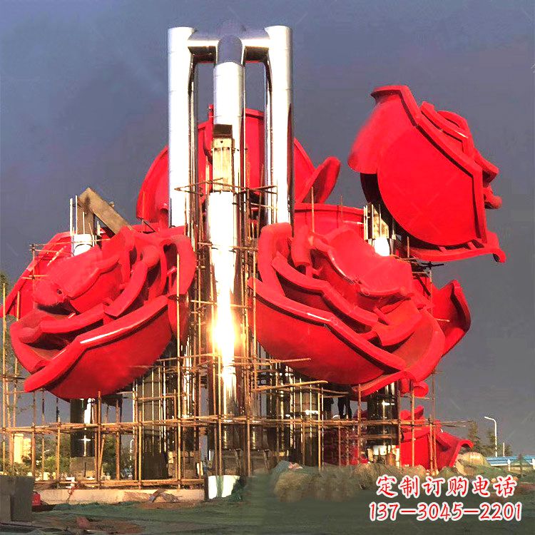 济南大型园林不锈钢玫瑰花景观雕塑