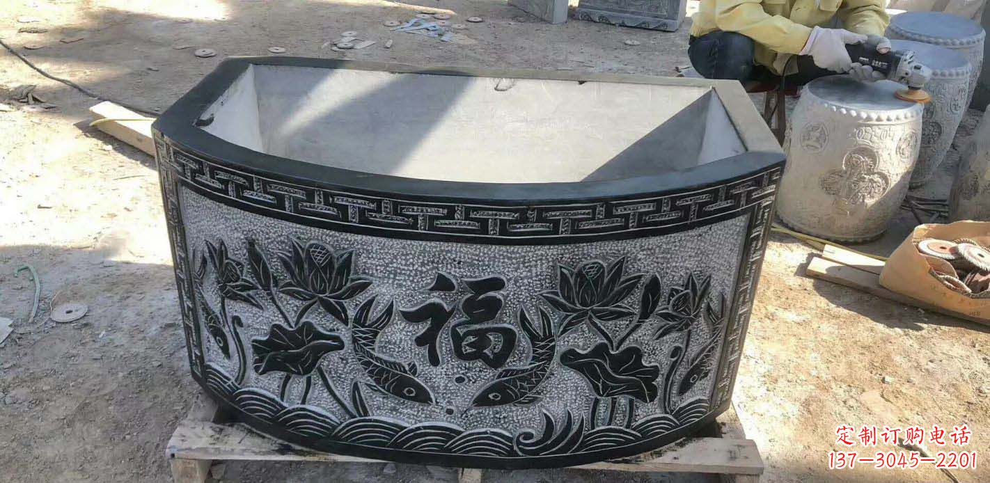 济南精致方口石浮雕水缸雕塑