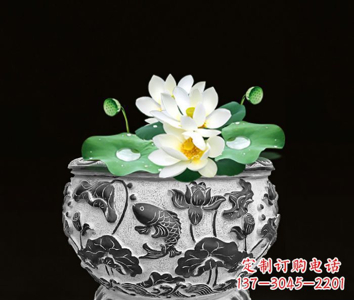 济南仿古荷花鲤鱼雕塑石水缸
