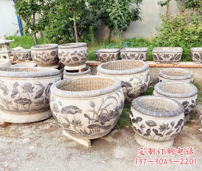 济南仿古石雕鲤鱼浮雕水缸