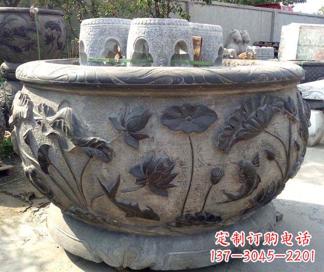 济南精美仿古荷花鲤鱼浮雕石水缸