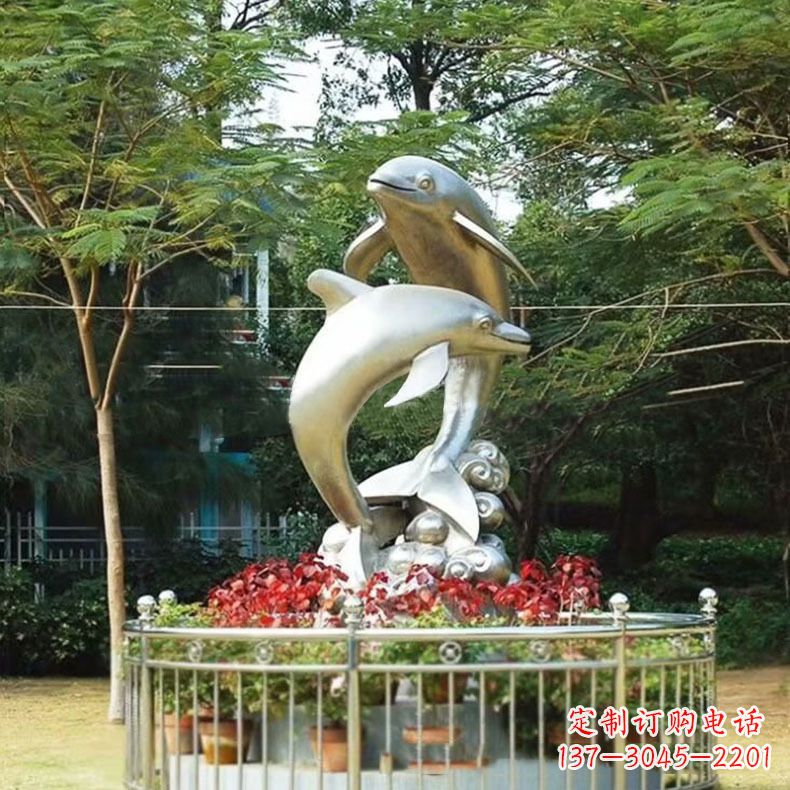 济南公园动物海豚不锈钢景观雕塑