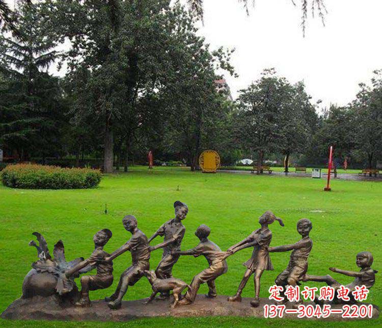 济南公园儿童拔萝卜人物小品铜雕