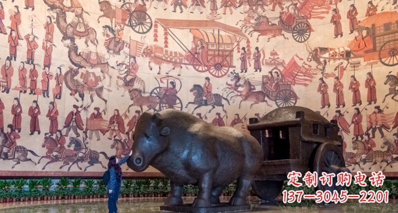 济南传统风格铜河马拉车景观雕塑
