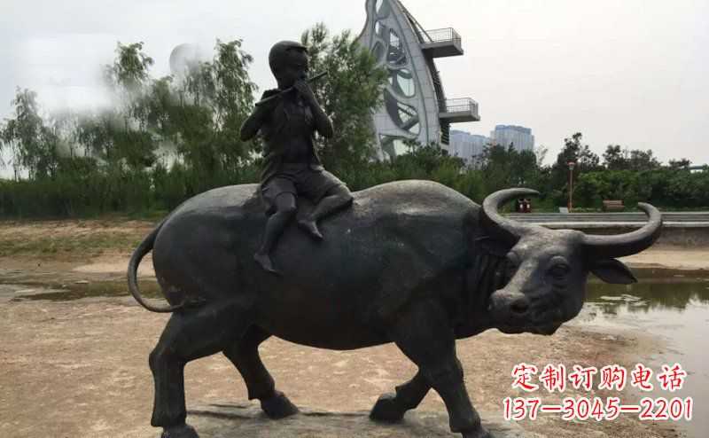 济南公园铜雕牧童骑牛动物雕塑