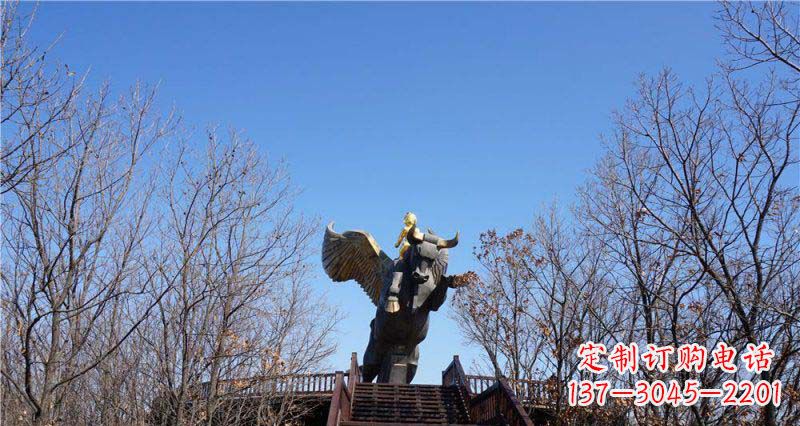 济南精美铜雕雕塑——可爱小男孩站在飞牛上