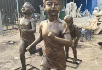 济南铜雕童年小狗陪伴儿童奔跑的时光