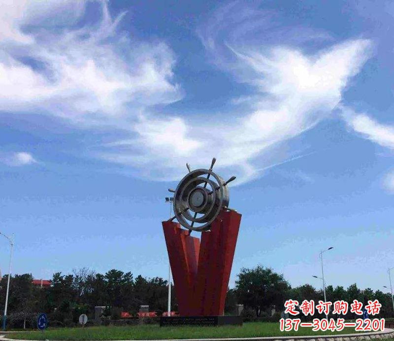 济南海上风情,精致大气的不锈钢船舵雕塑