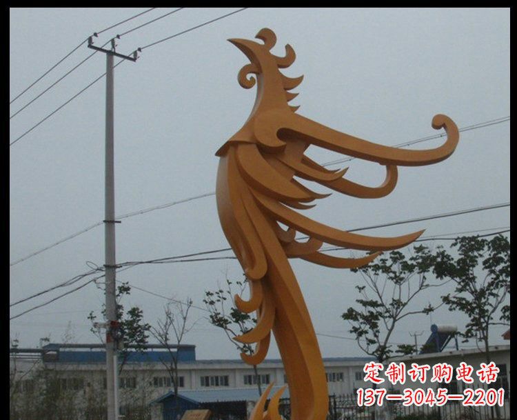 济南新中式风格不锈钢金色凤凰雕塑