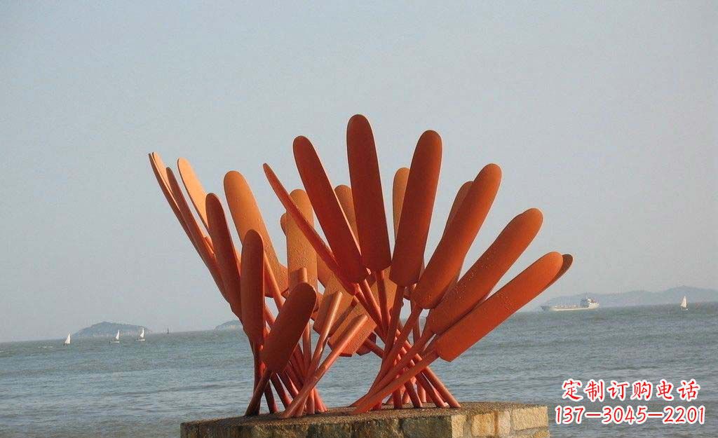 济南卓越海边,不锈钢抽象船桨雕塑