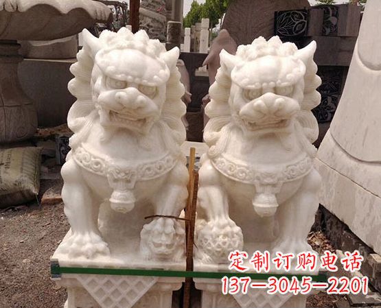 济南汉白玉踩绣球狮子石雕_2