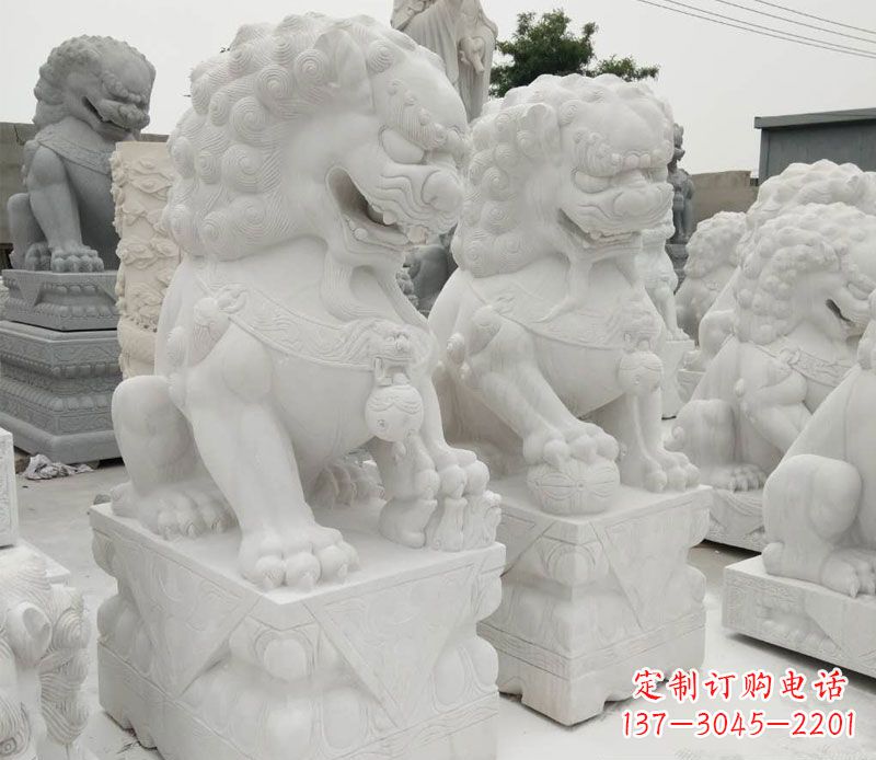 济南汉白玉门口看门踩球北京狮子石雕