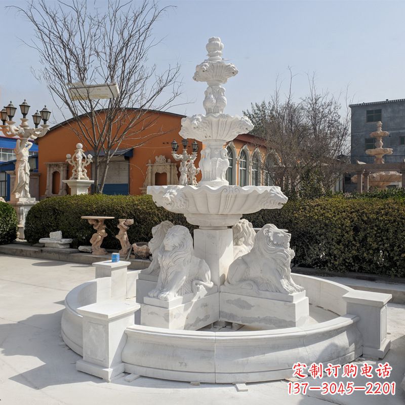 济南定制白玉狮子喷泉雕塑