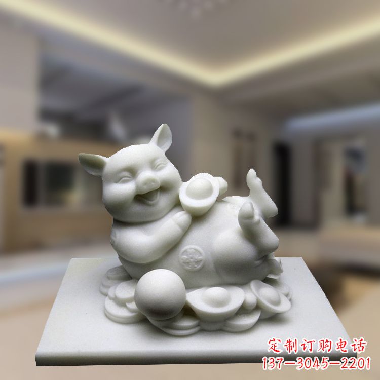 济南汉白玉动物雕塑,招财猪石雕精美装饰