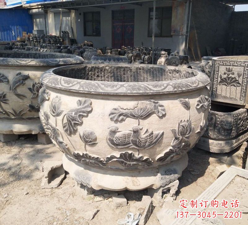 济南传统艺术、高雅精致,荷花鸳鸯石水缸精美雕塑