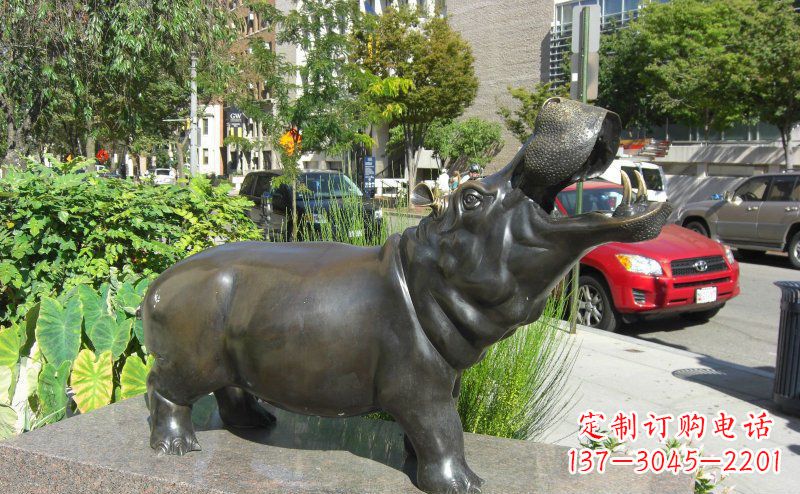济南精美细腻的街边河马铜雕