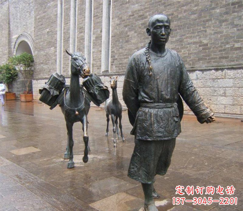 济南街边牵毛驴的古代人物小品铜雕