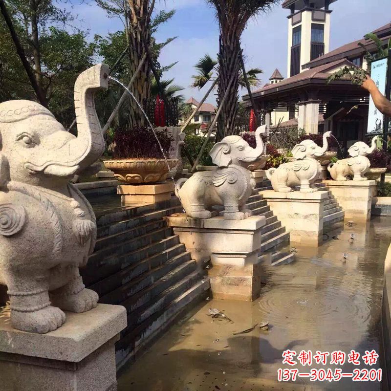 济南景区景点睡觉喷水石雕大象动物雕塑