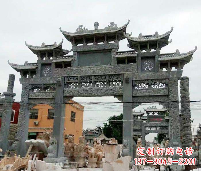 济南景区三门牌坊石雕 (3)