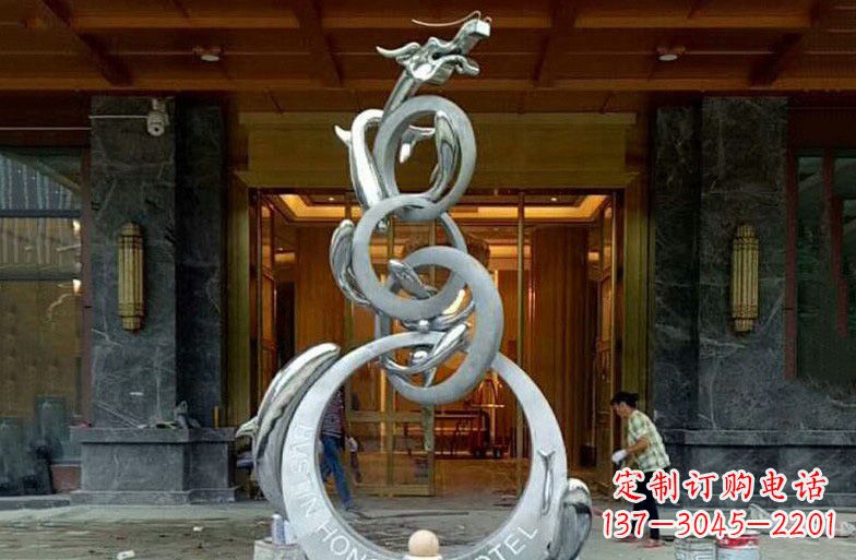 济南酒店不锈钢抽象鱼跃龙门雕塑