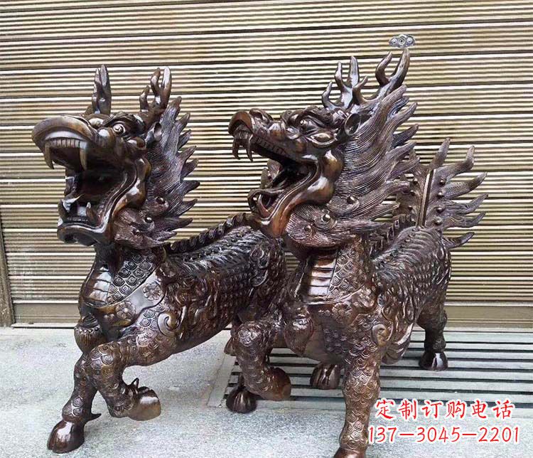 济南中领雕塑:专业定制酒店门口招财麒麟铜雕
