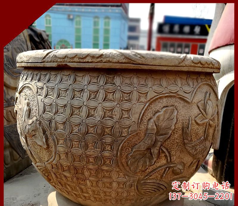 济南鲤鱼荷花浮雕仿古石水缸