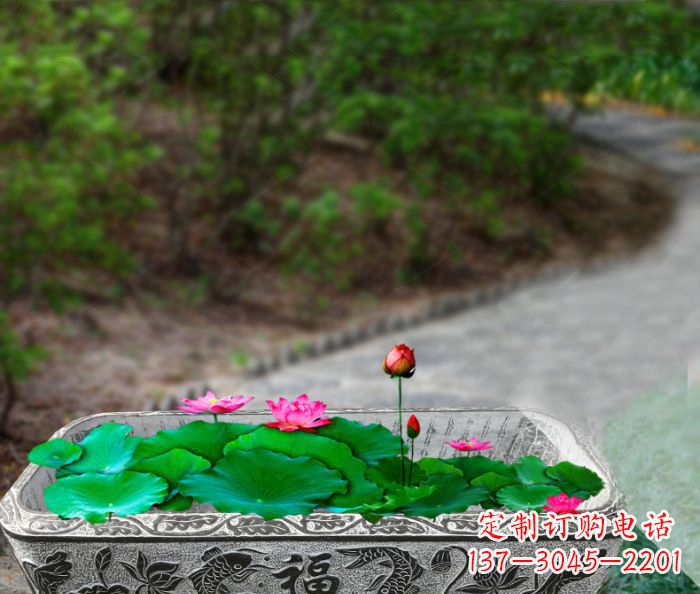 济南鲤鱼荷花福字石浮雕长方形水缸