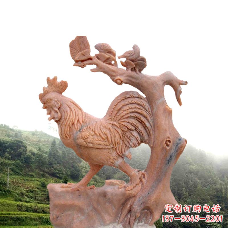 济南生肖动物酉鸡晚霞红石雕