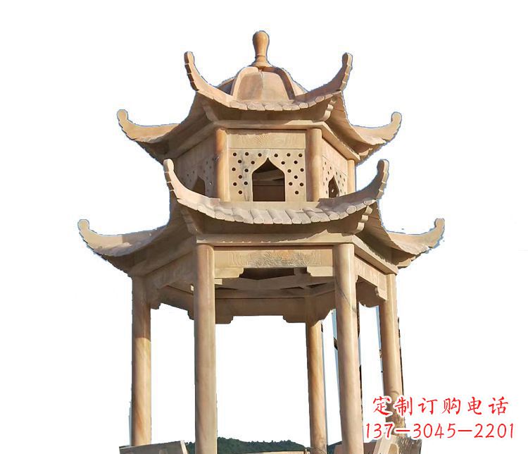 济南双层晚霞红凉亭石雕 (2)