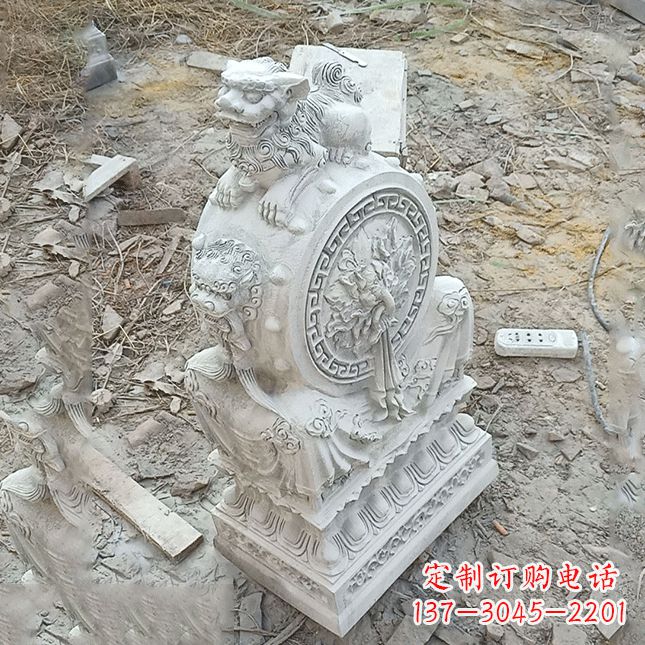 济南双龙石雕门墩汉白玉狮子头