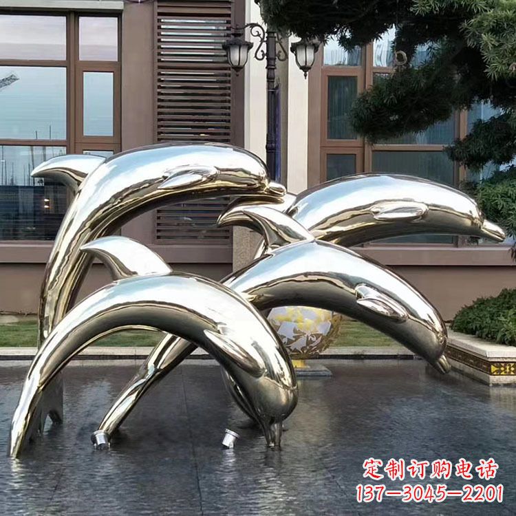 济南水景不锈钢海豚雕塑-城市广场创意动物雕塑