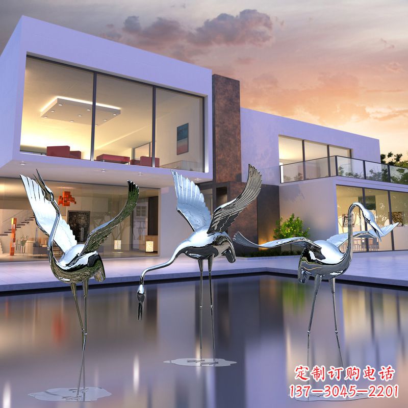 济南水景仙鹤不锈钢镜面雕塑