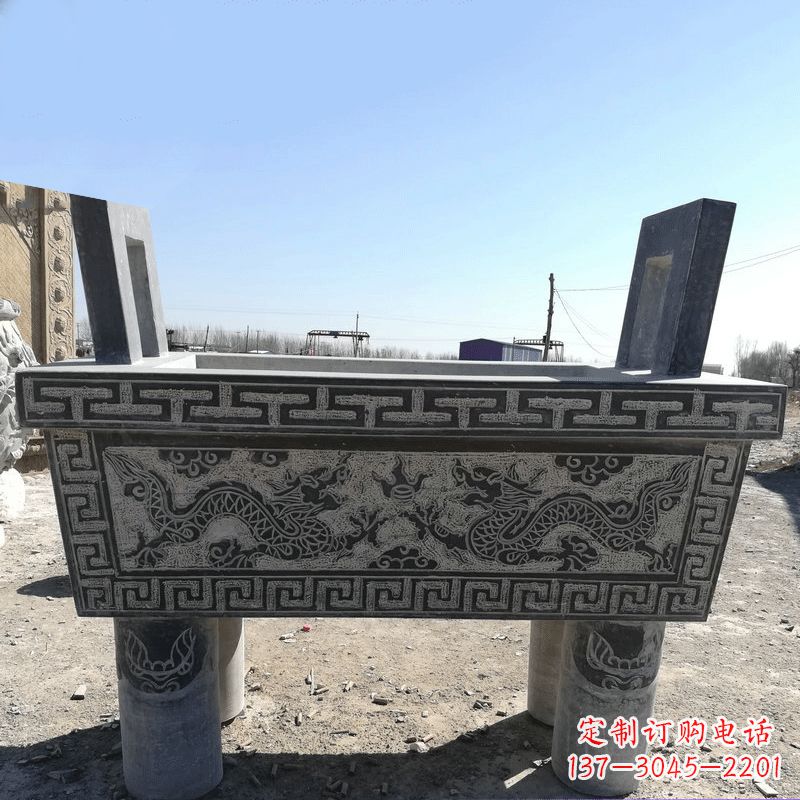 济南寺庙墓地祭祀四足方鼎,青石仿古石雕香炉