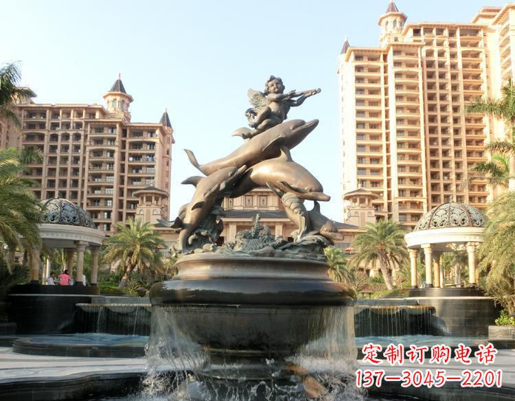 济南跳跃的海豚和小天使喷泉铜雕