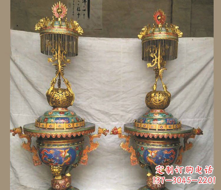 济南铜雕彩绘香炉景观摆件