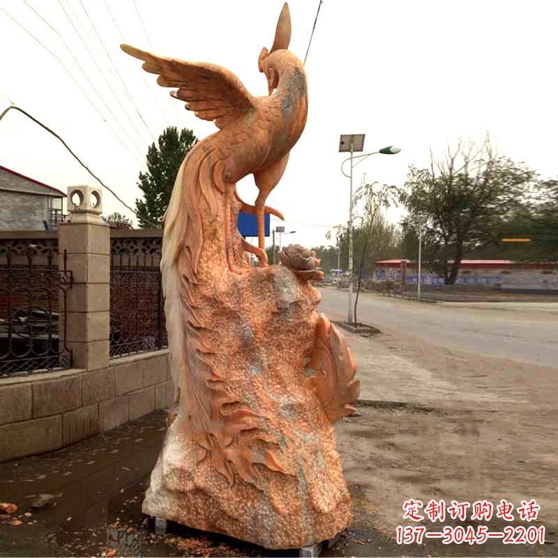 济南晚霞红大理石瑞鸟凤凰雕塑