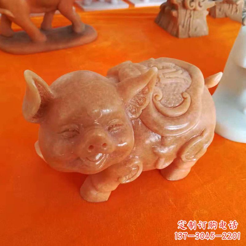 济南晚霞红大理石招财猪雕塑-企业商场创意生肖动物风水摆件
